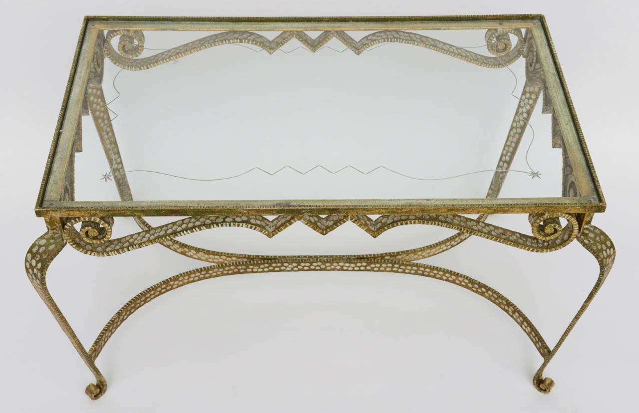 Italian Modern Hand-Hammered Gilt Iron and Glass Low Table, Pier Luigi Colli For Sale 3