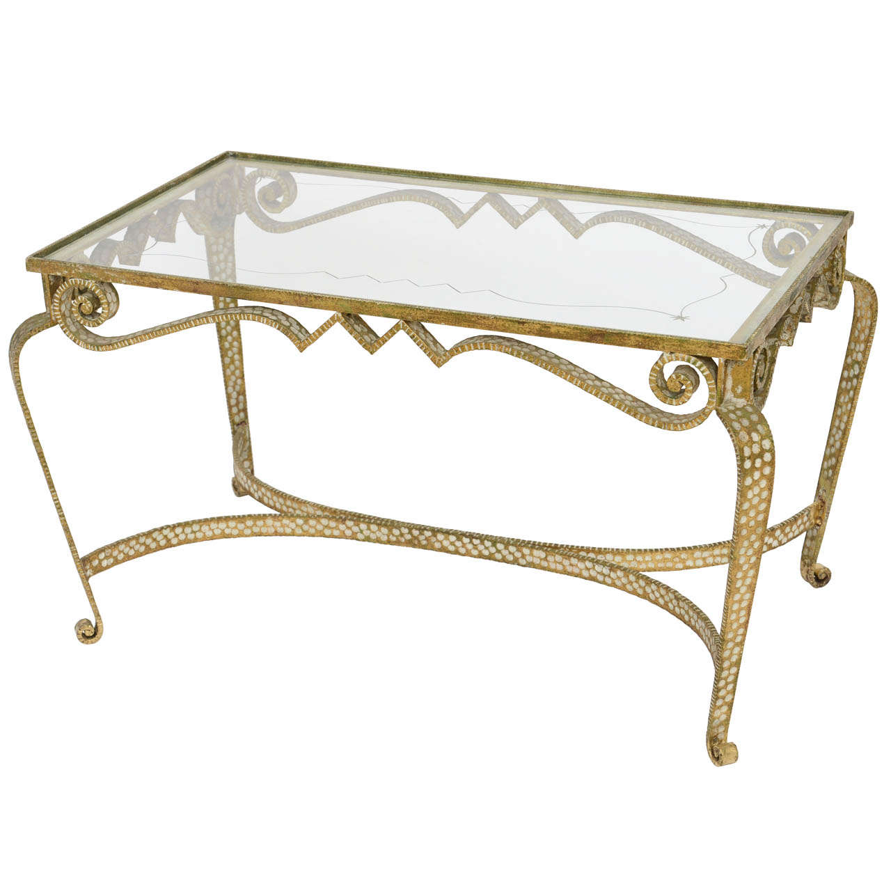 Italian Modern Hand-Hammered Gilt Iron and Glass Low Table, Pier Luigi Colli For Sale