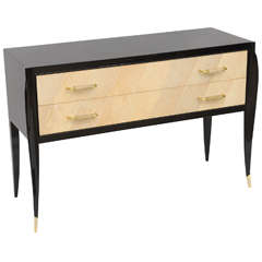 A Late Art Deco Black Lacquer, Shagreen, and Brass Mounted 2 Drawer Chest, Jean Pascaud