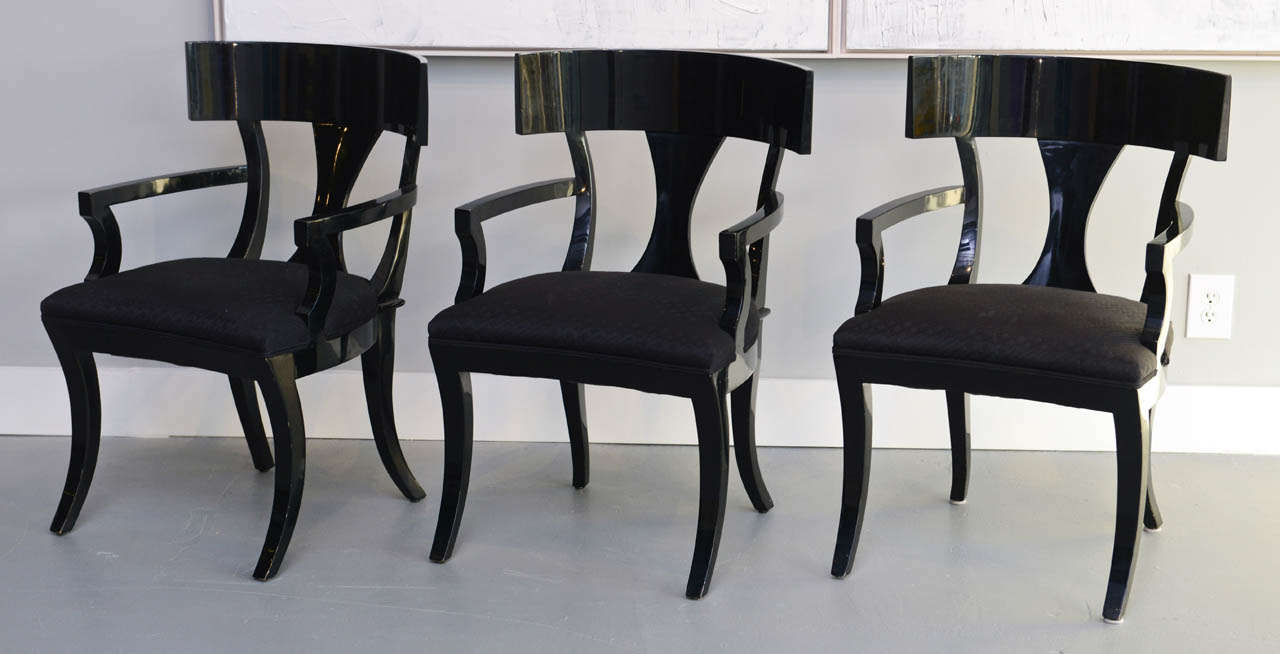 Mid-Century Modern Set of Six Black Lacquer Klismos Armchairs, Manner of Robsjohn-Gibbings