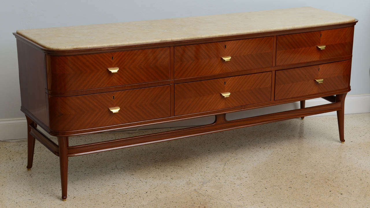 Italian Modern Mahogany and Marble Top Six-Drawer Commode, Paolo Buffa In Excellent Condition In Hollywood, FL