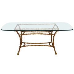 Mesa de comedor moderna francesa de bronce dorado y cristal, Maison Bagues