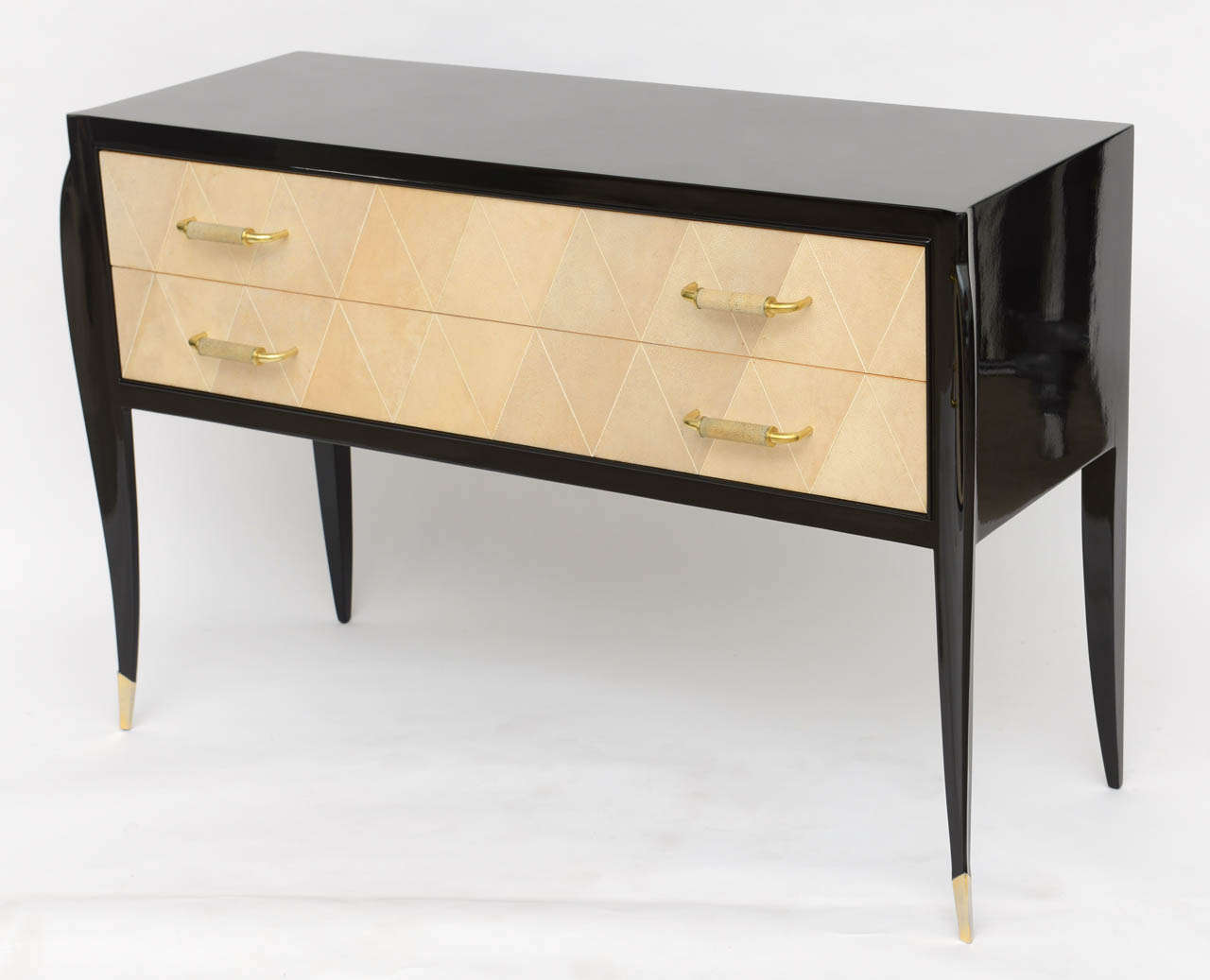 A Late Art Deco Black Lacquer, Shagreen, and Brass Mounted 2 Drawer