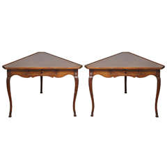 Pair of Walnut  French Louis XV Style Tables with Gilt Tooled Leather Tops