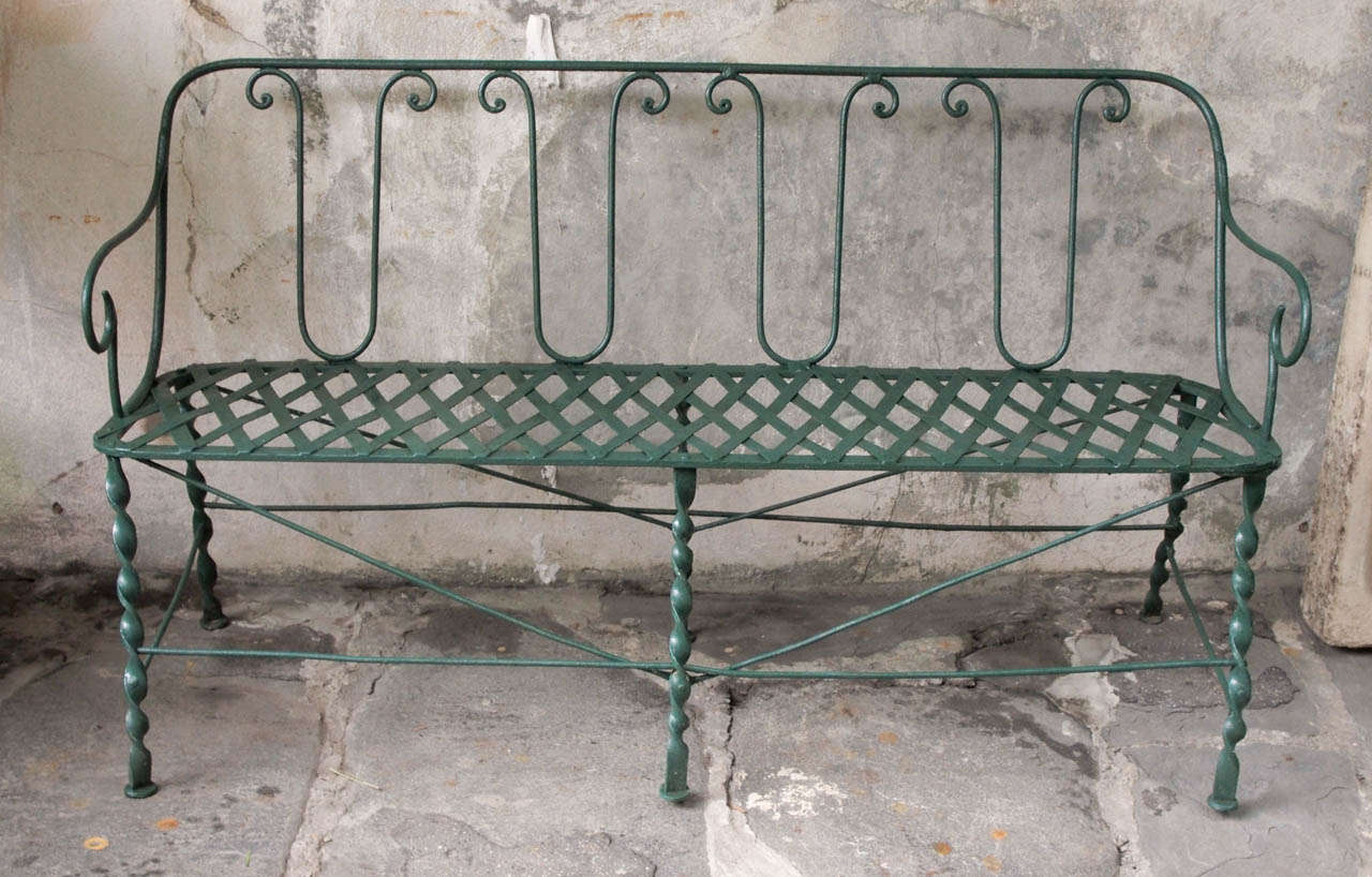 Late 19th century French painted garden bench with twisted legs, circa 1890.