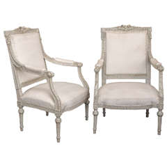 Pair of 19th Century Italian Carved Painted Wood Upholstered Armchairs
