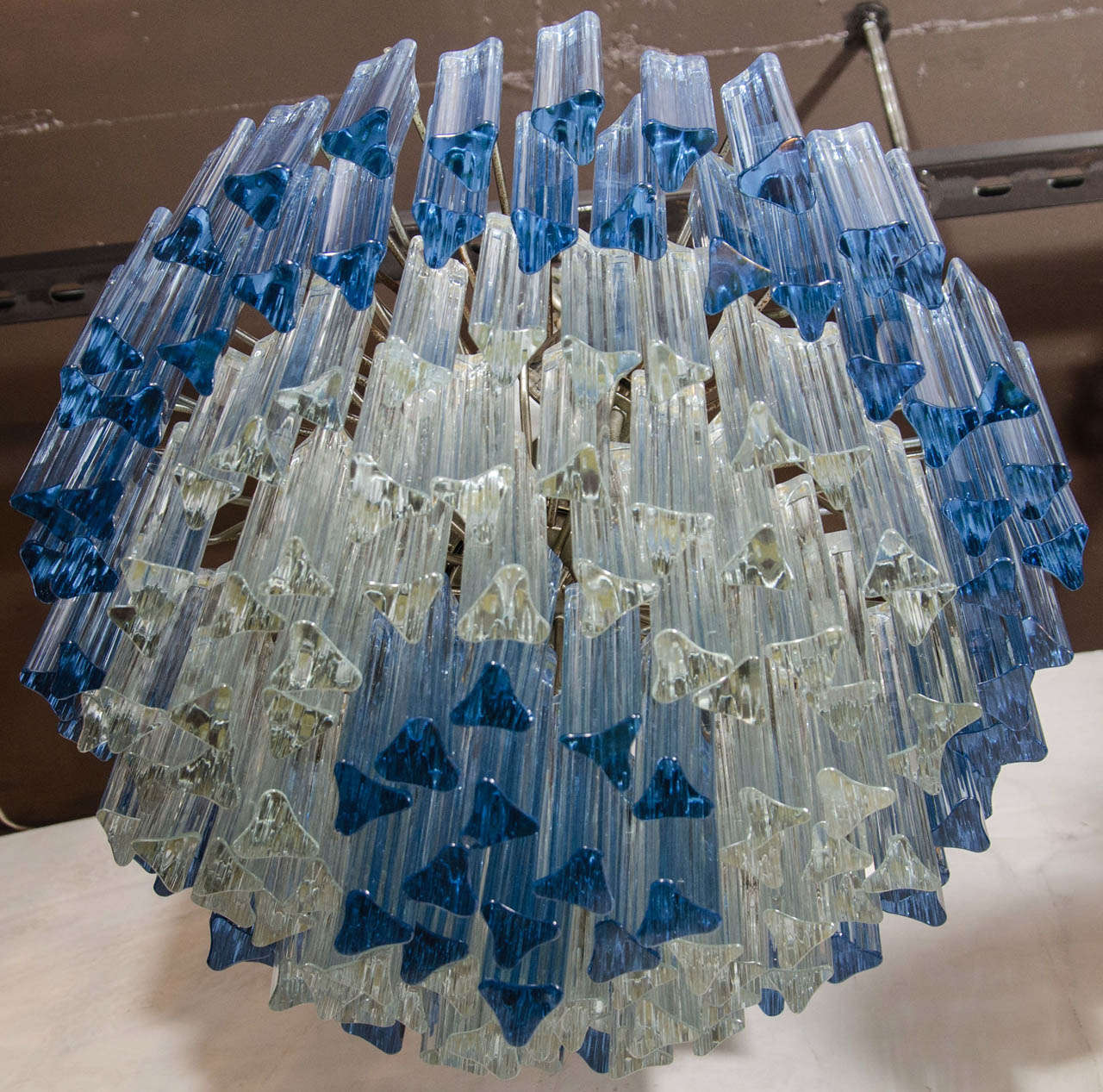 Italian Rare Murano Chandelier with Clear and Gradient Blue Crystal Prisms by Venini for Camer