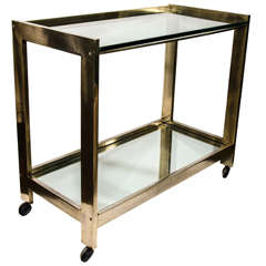 Modern Two Tier Italian Brass Bar Cart & Server with Glass and Mirrored Tops