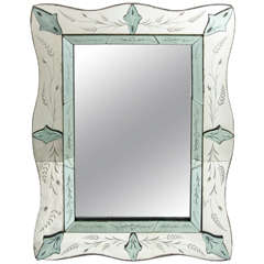 Fine Art Deco Venetian Mirror with Etched Designs & Emerald Glass Details