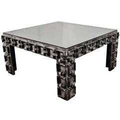 Brutalist Iron Cocktail Table with Stylized Chain Link Design & Smoked Mirrored Top