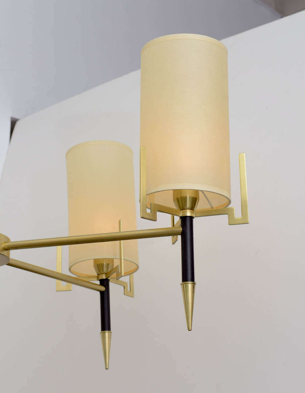 Art Deco Hollywood Regency Jacques Adnet style Leather / Brass Classic Modern Chandelier For Sale