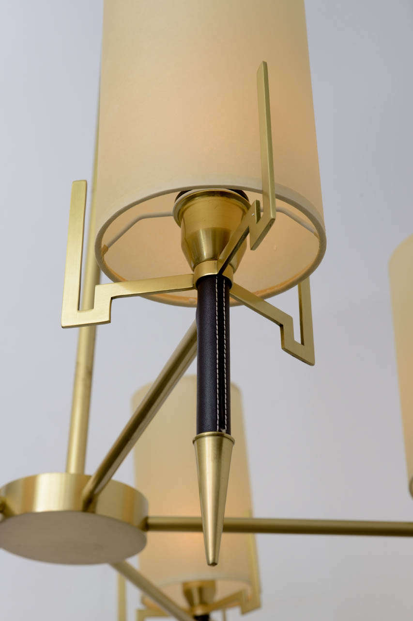 Hollywood Regency Jacques Adnet style Leather / Brass Classic Modern Chandelier In Excellent Condition For Sale In Miami, FL