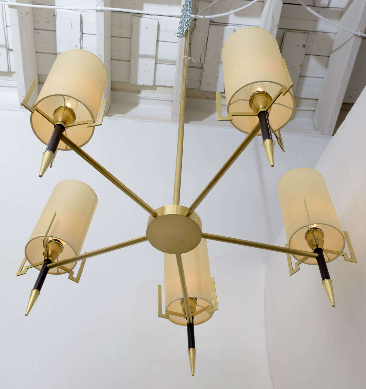 20th Century Hollywood Regency Jacques Adnet style Leather / Brass Classic Modern Chandelier For Sale