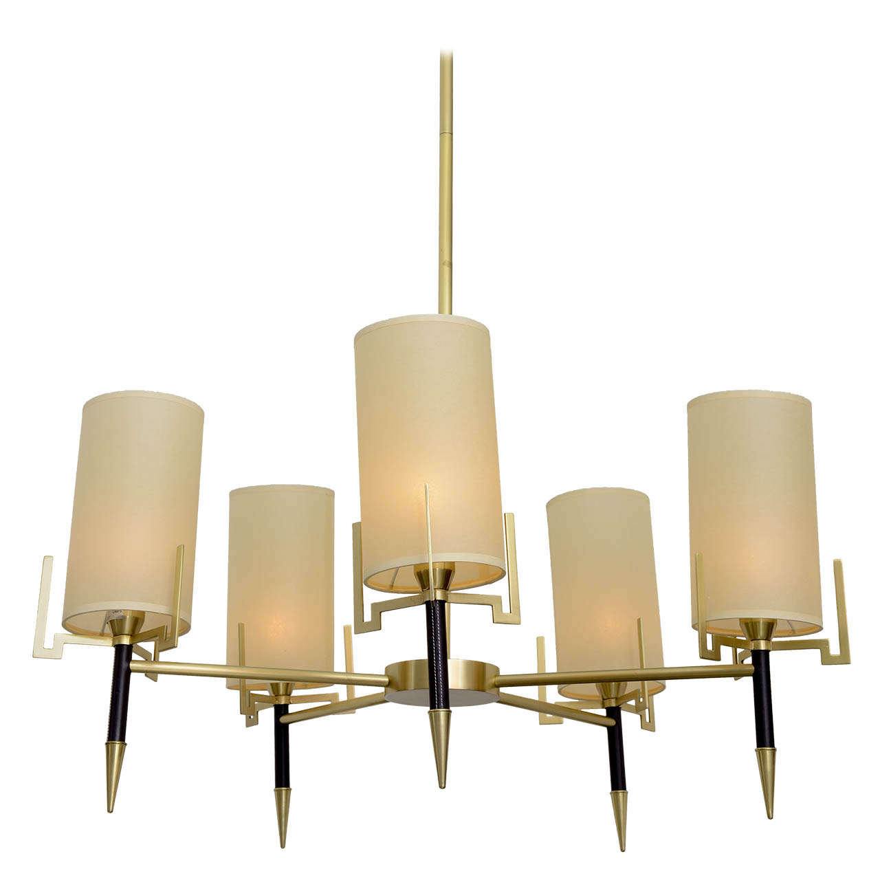 Hollywood Regency Jacques Adnet style Leather / Brass Classic Modern Chandelier For Sale