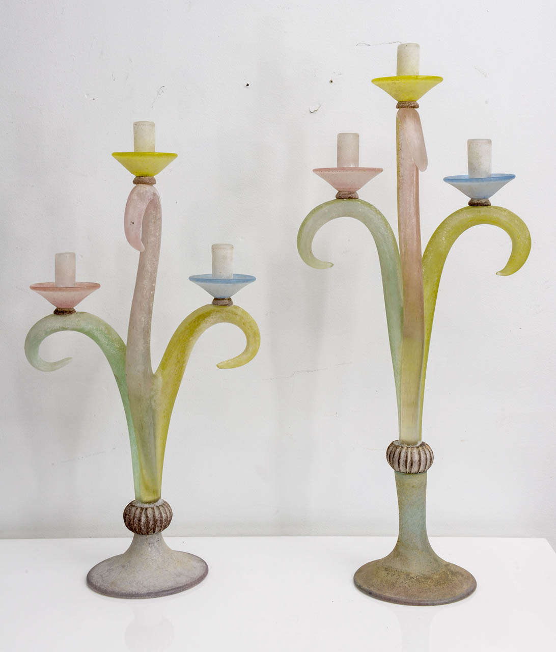 These two high end candleholders are quite special , they are signed and numbered however We can't make out the signature . Made in  the Island of Murano Italy in the Scavo technique an array of colors were used to create a beautifull pallet of soft