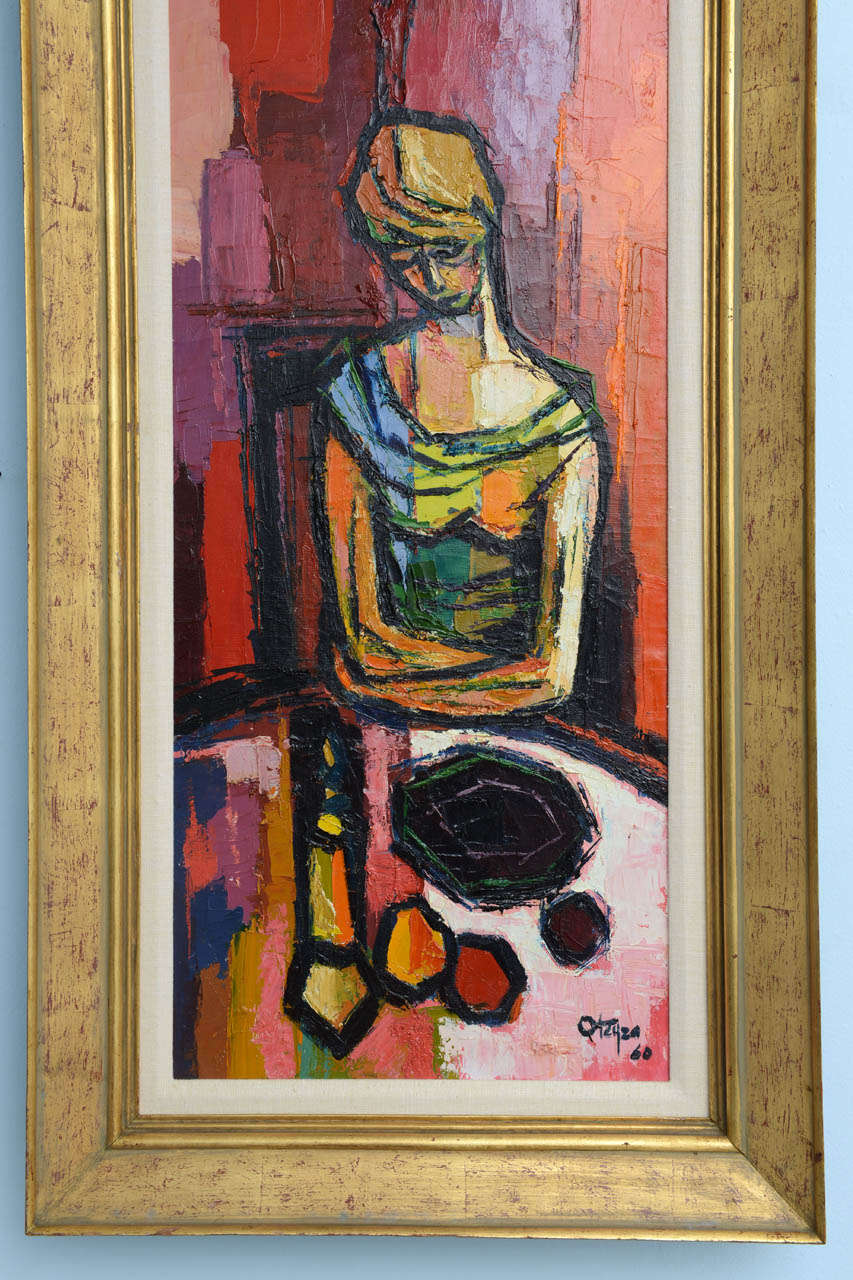 Mid-20th Century Vintage Midcentury Modern Original Signed Cubist Painting of Beautiful Young La For Sale