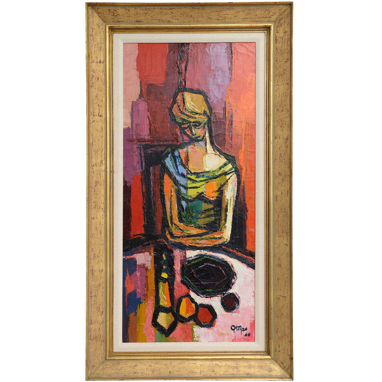 Vintage Midcentury Modern Original Signed Cubist Painting of Beautiful Young La For Sale