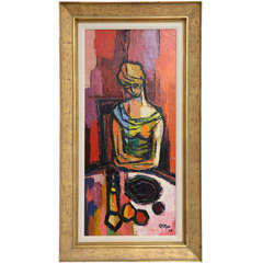 Vintage Midcentury Modern Original Signed Cubist Painting of Beautiful Young La 1