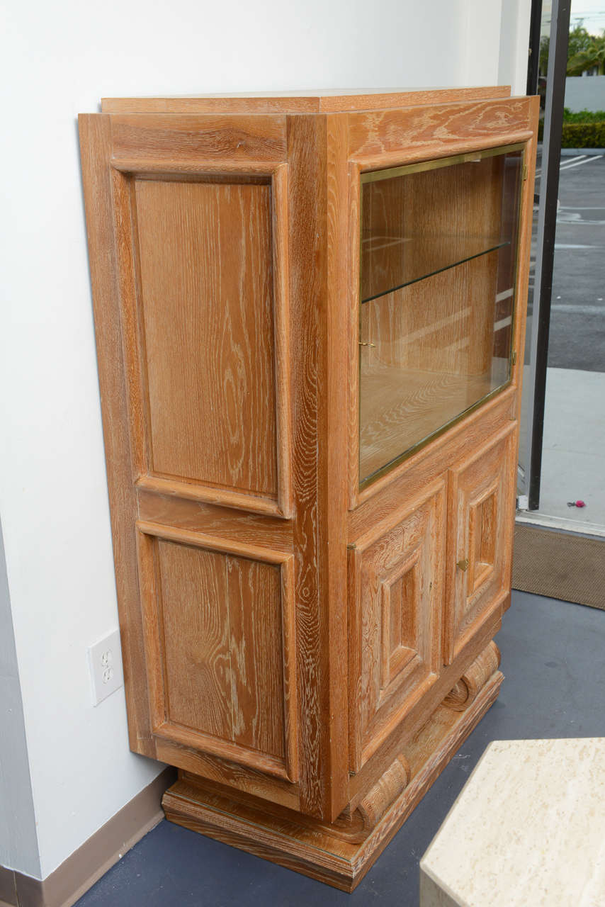 French Art Deco illuminated Cerused Oak Display Cabinet Attributed to JC Moreux For Sale