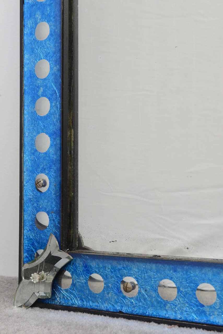 Mid-Century Modern Blue Glass Frame Midcentury Mirror with Silver Dots All Around