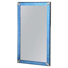 Blue Glass Frame Midcentury Mirror with Silver Dots All Around