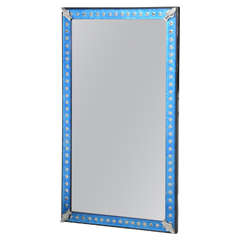 Blue Glass Frame Midcentury Mirror with Silver Dots All Around 1