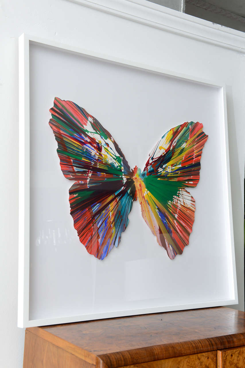 Beautiful framed spin art butterfly from the Pinchuk Art Center opening of Damien Hirst Requiem. Dated and signed 2009.
