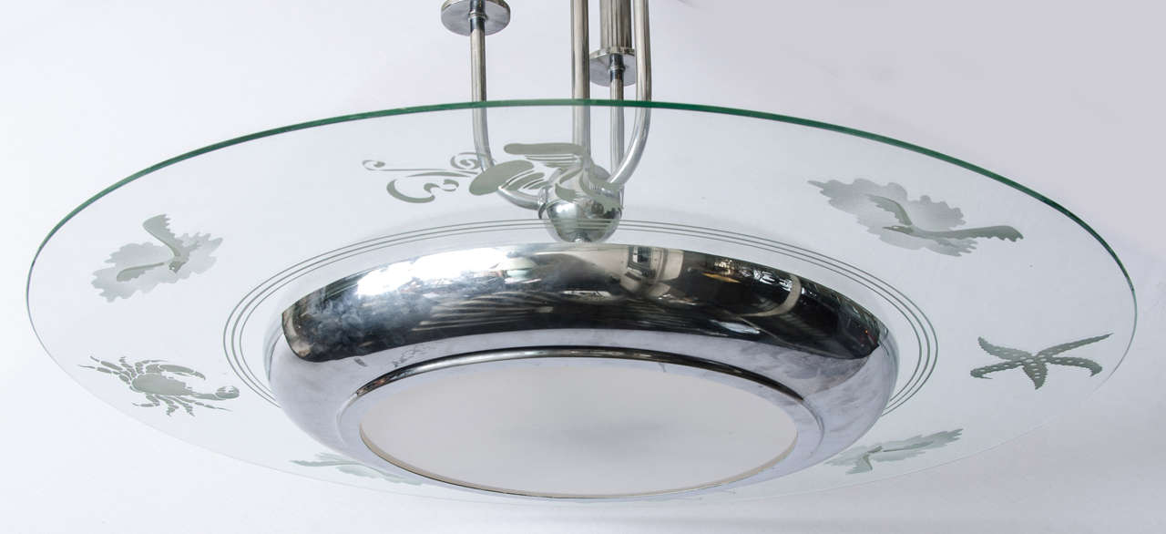 Italian 1930s Art Deco Chandelier with Engraved Glass For Sale