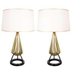 Pair of 1950s Mid-Century Modern Atomic Age Brass and Enamel Table Lamps 11