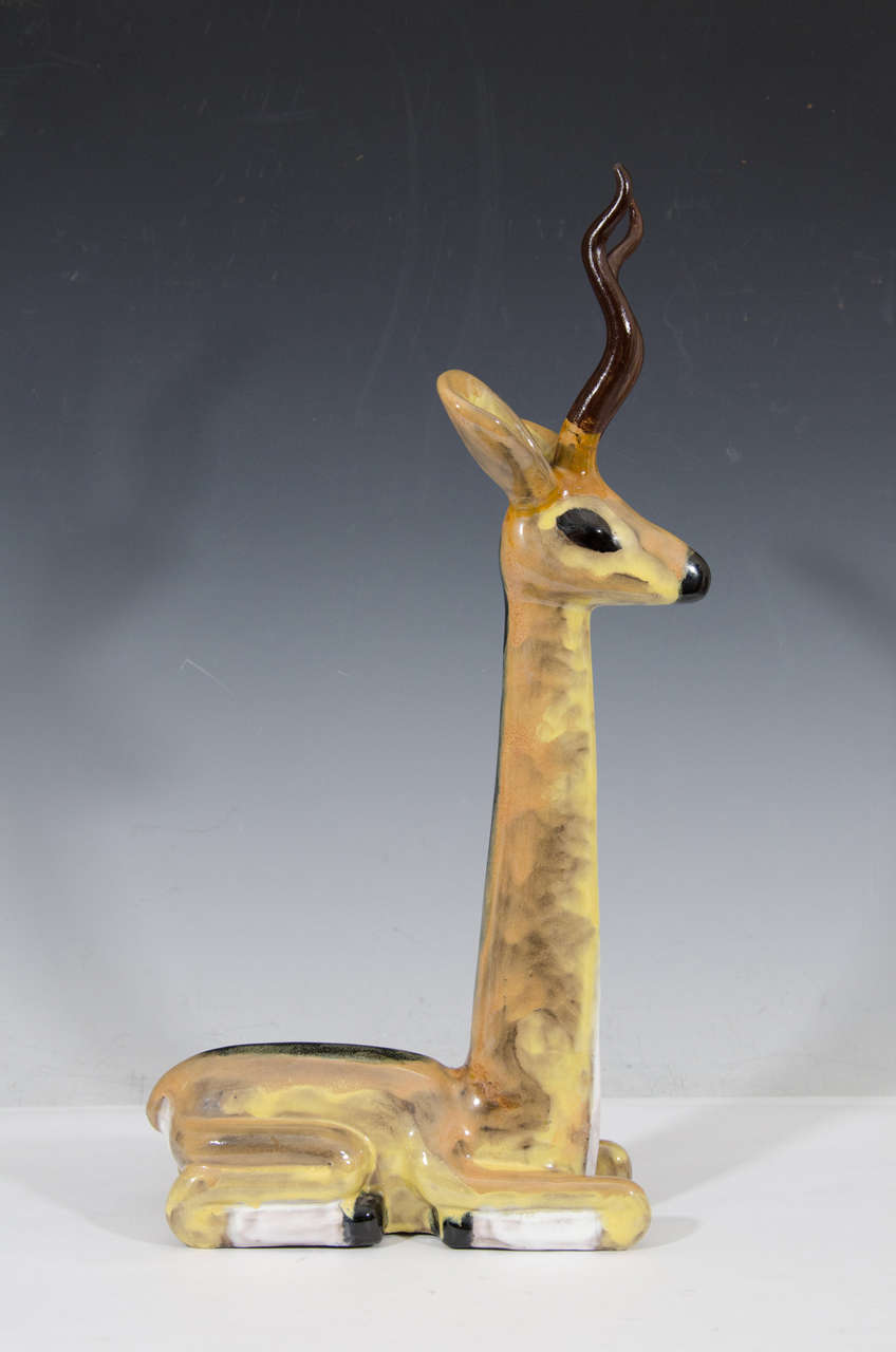Glazed A Midcentury Ceramic Sculpture of a Seated Antelope