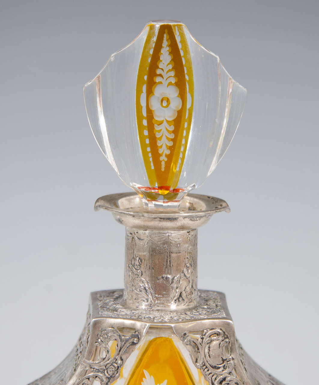 European A Vintage Crystal and Amber Color Decanter with Silver Overlay