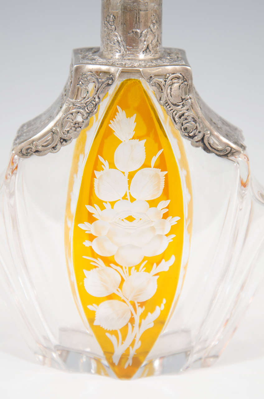A Vintage Crystal and Amber Color Decanter with Silver Overlay In Good Condition In New York, NY