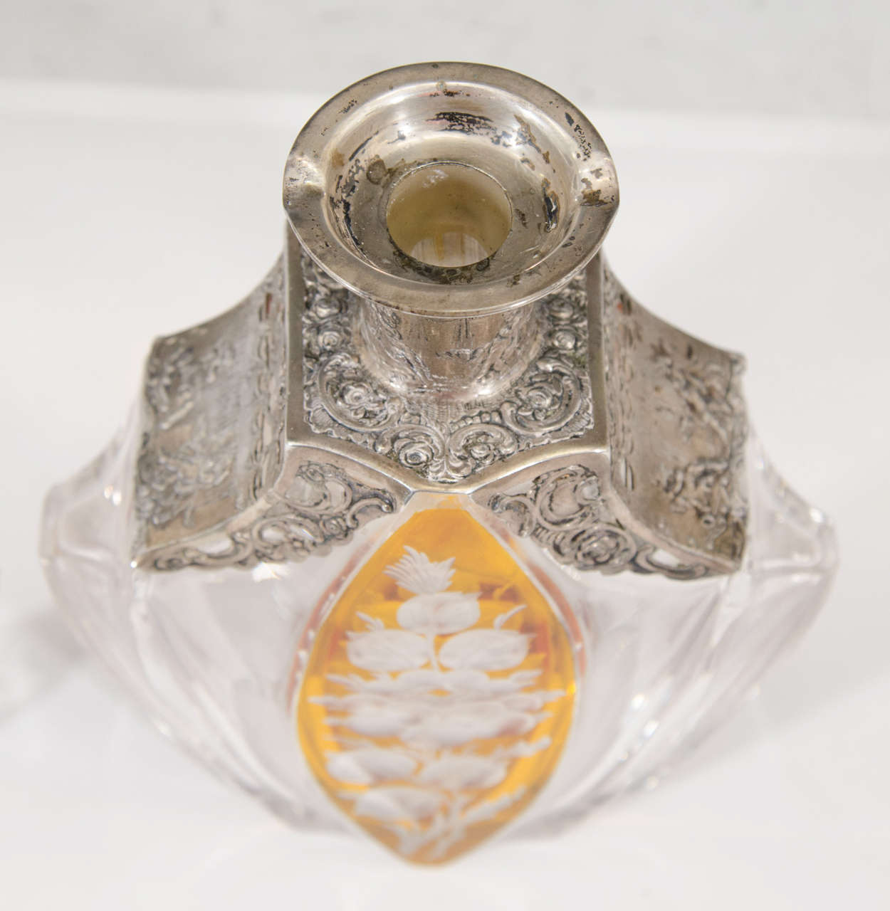 Glass A Vintage Crystal and Amber Color Decanter with Silver Overlay