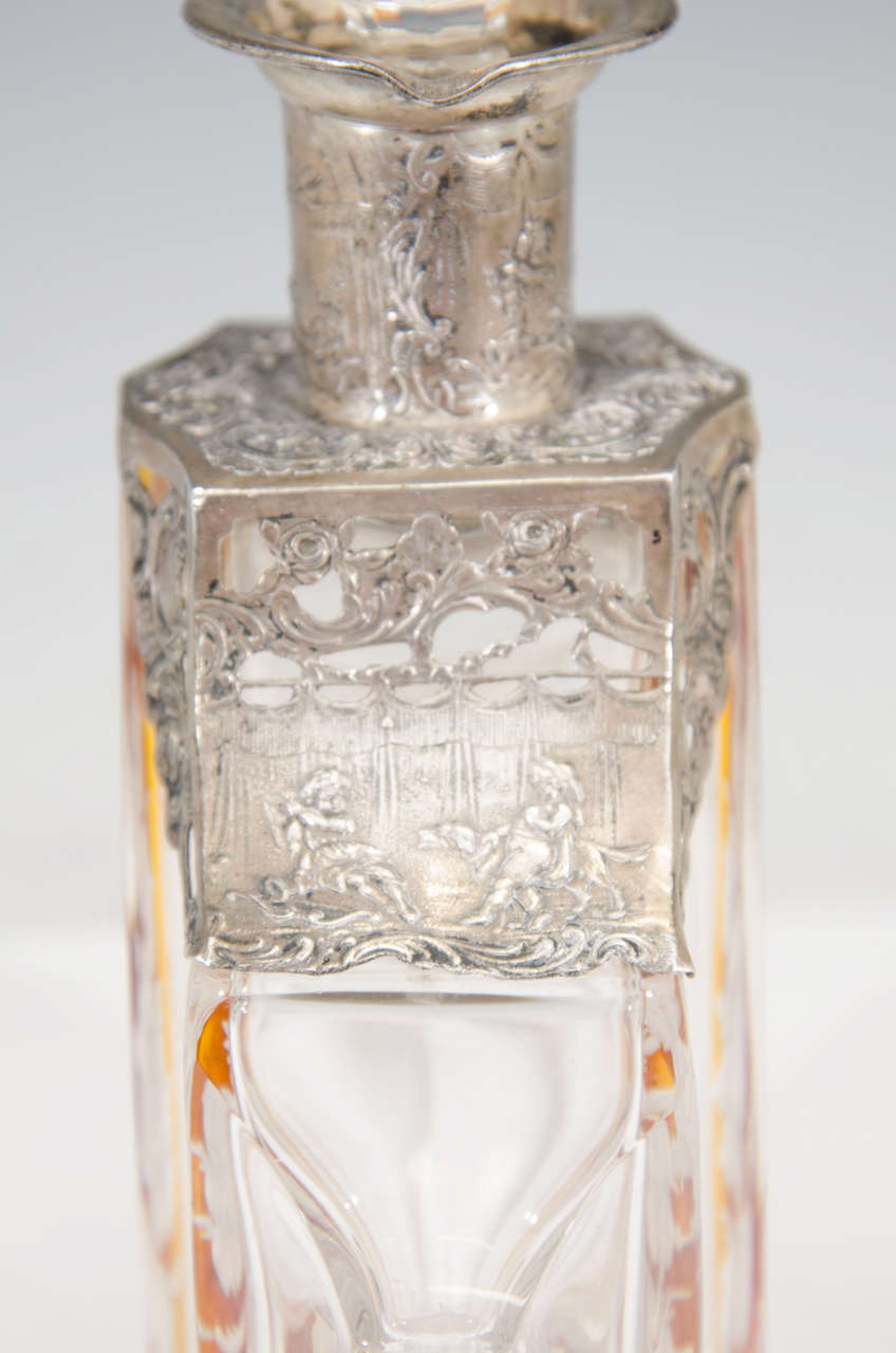 A Vintage Crystal and Amber Color Decanter with Silver Overlay 2