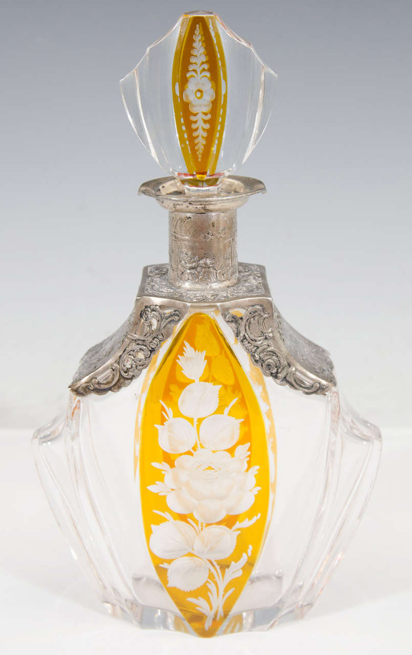 A Vintage Crystal and Amber Color Decanter with Silver Overlay 3