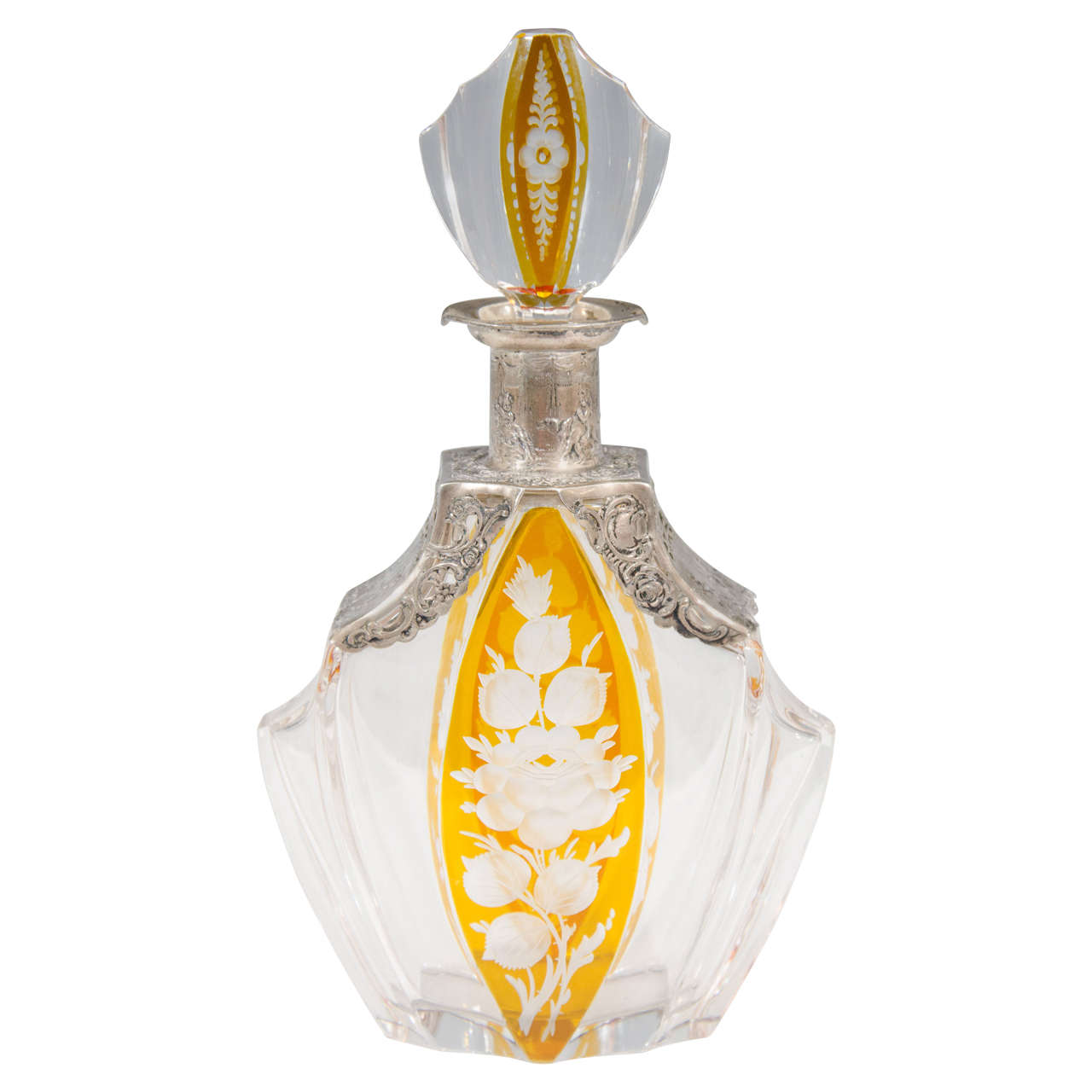 A Vintage Crystal and Amber Color Decanter with Silver Overlay