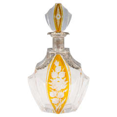 A Antique Crystal and Amber Color Decanter with Silver Overlay