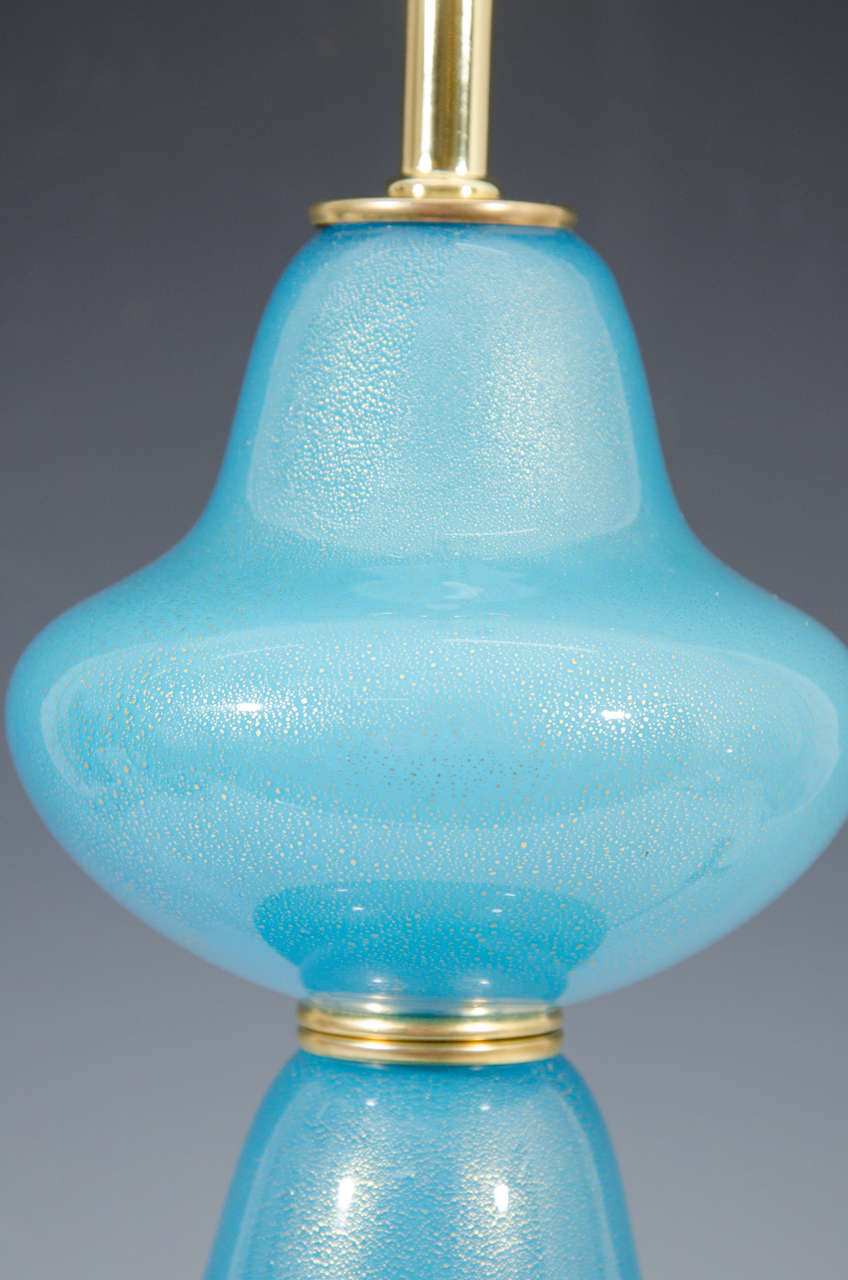 Midcentury Pair of Blue Murano Glass Table Lamps with Gold Flecks In Good Condition In New York, NY