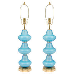 Midcentury Pair of Blue Murano Glass Table Lamps with Gold Flecks