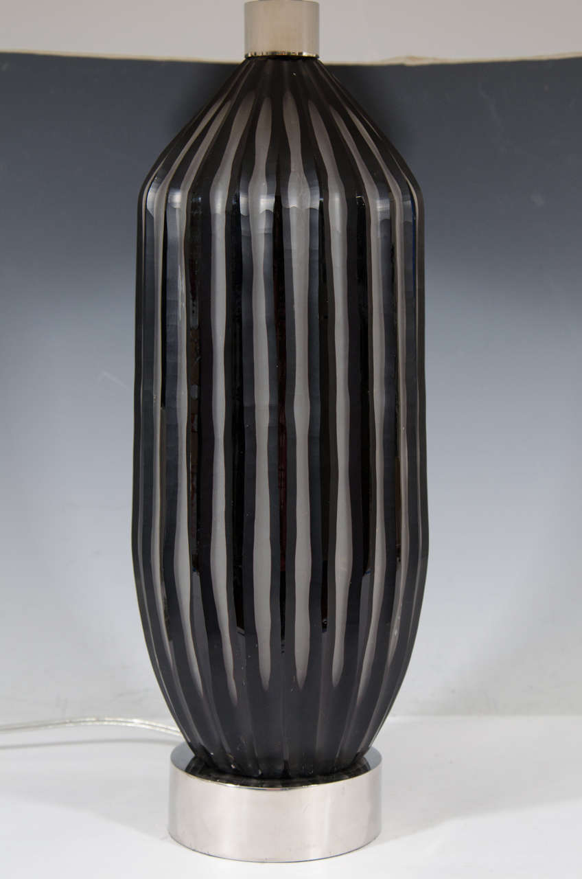 A Contemporary Pair of Art Glass Lamps with Black Stripe Design In Good Condition In New York, NY