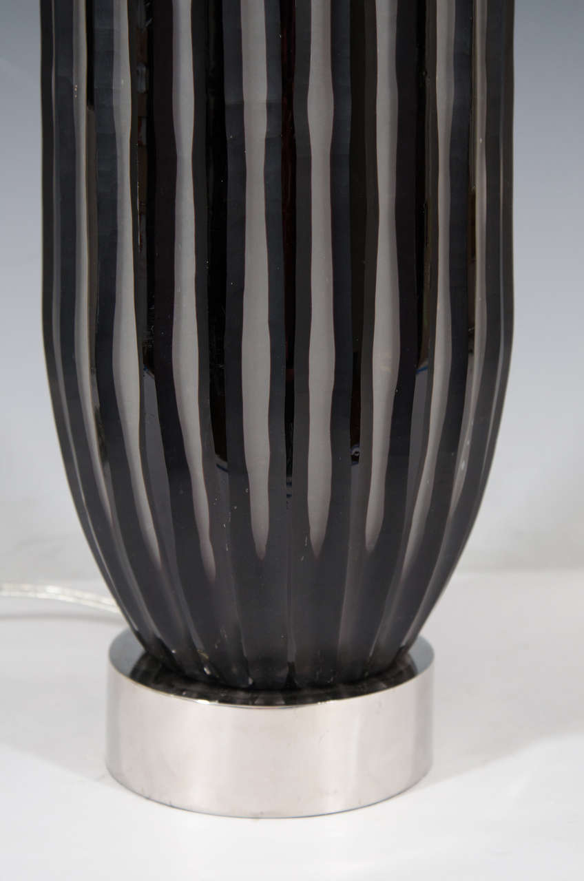 Textile A Contemporary Pair of Art Glass Lamps with Black Stripe Design