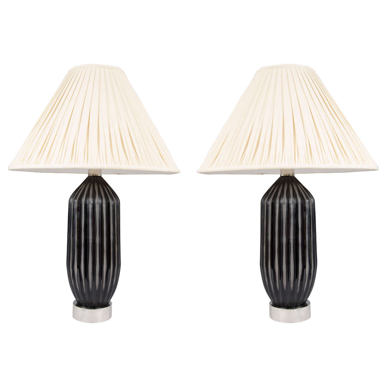 A Contemporary Pair of Art Glass Lamps with Black Stripe Design