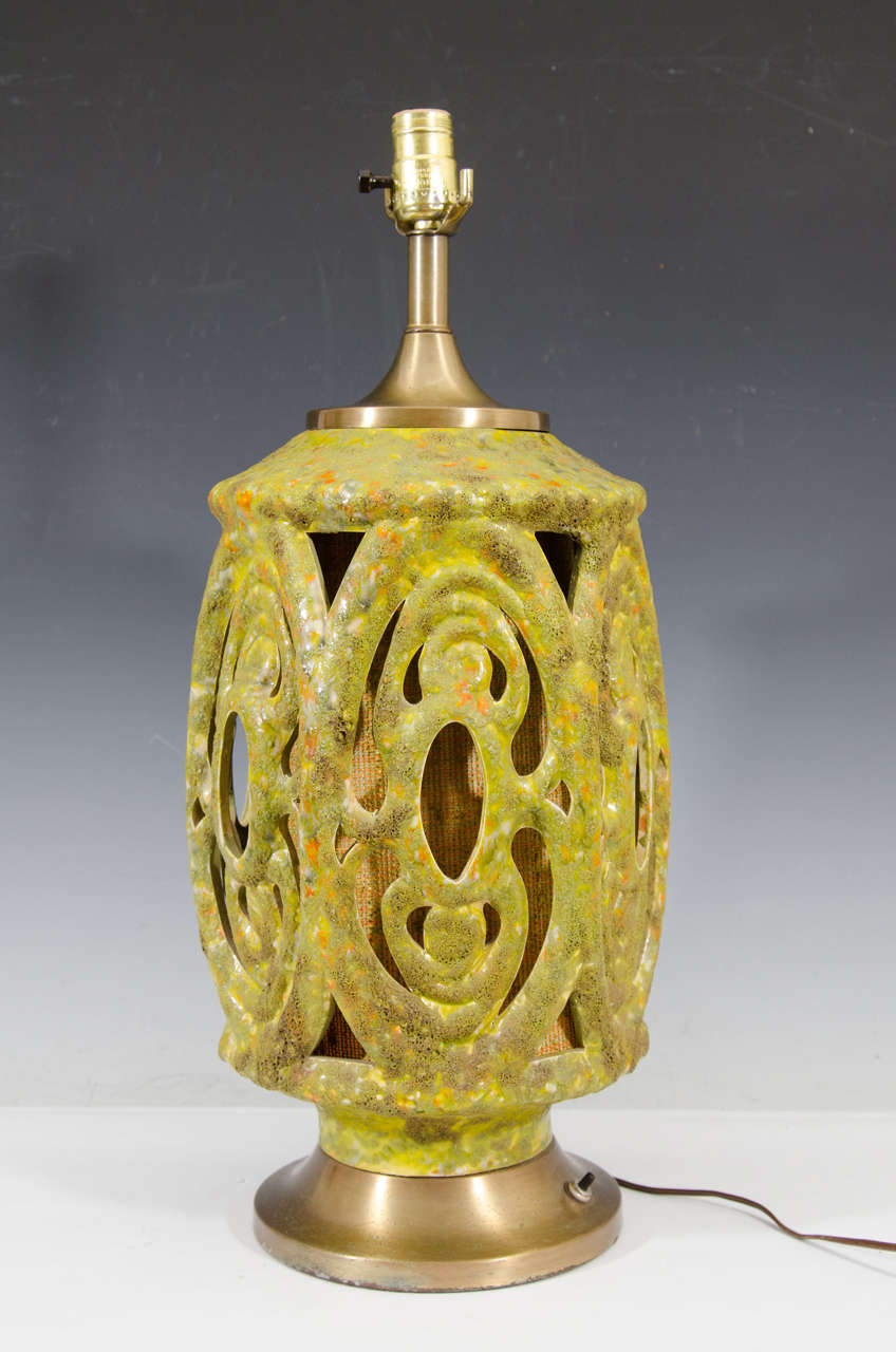 Midcentury Pair of Table Lamps with Olive Green Volcanic Glaze