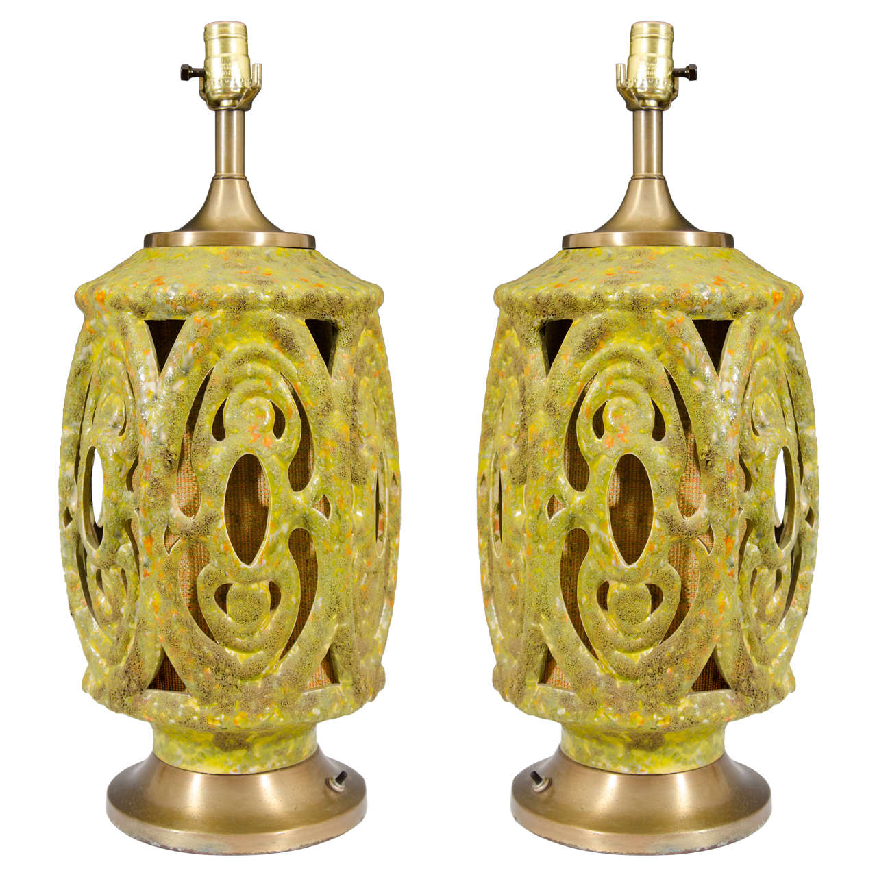 Midcentury Pair of Table Lamps with Olive Green Volcanic Glaze