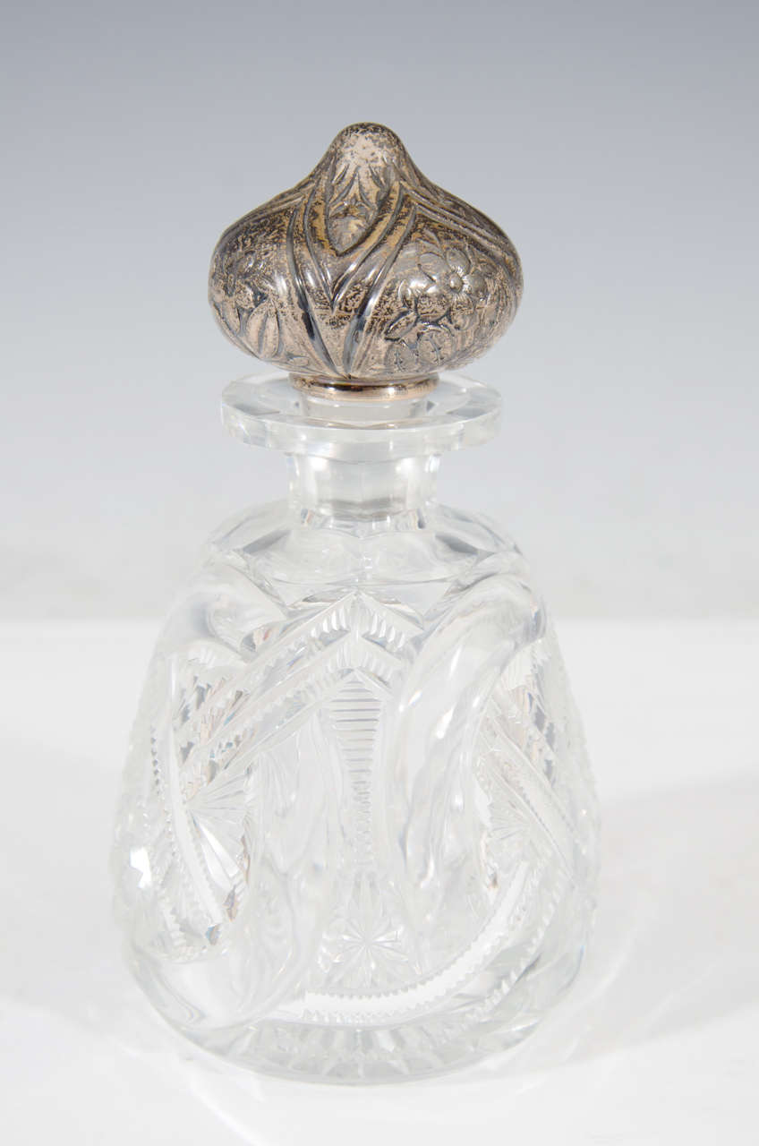 Vintage Pair of Cut Crystal Perfume Bottles with Sterling Silver Top