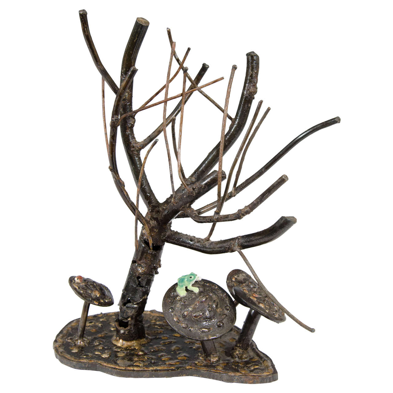 Vintage Sculpture of a Frog Perched on a Mushroom under a Tree