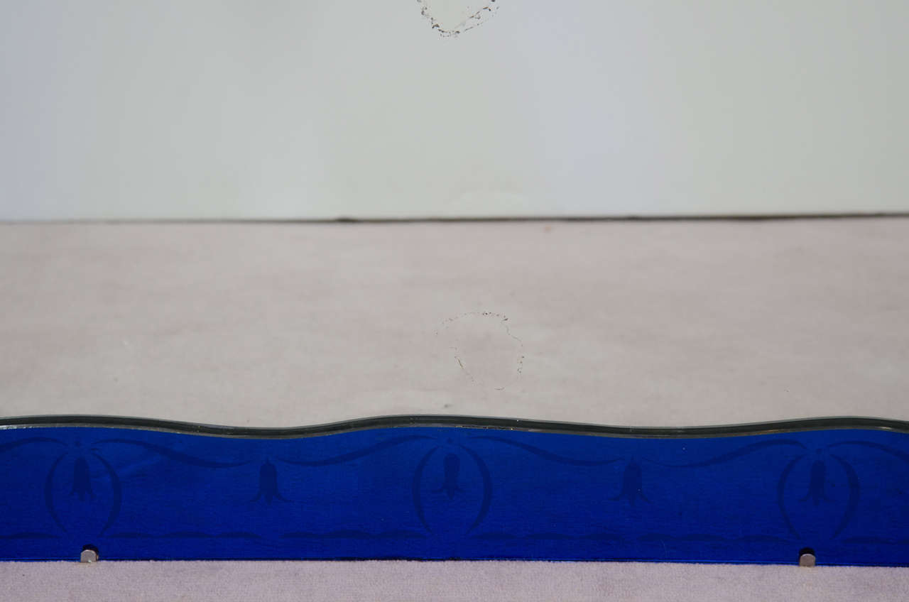 Art Deco Cobalt Blue Wall Mirror with Etched Border In Good Condition In Astoria, NY