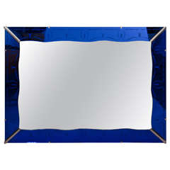 Art Deco Cobalt Blue Wall Mirror with Etched Border
