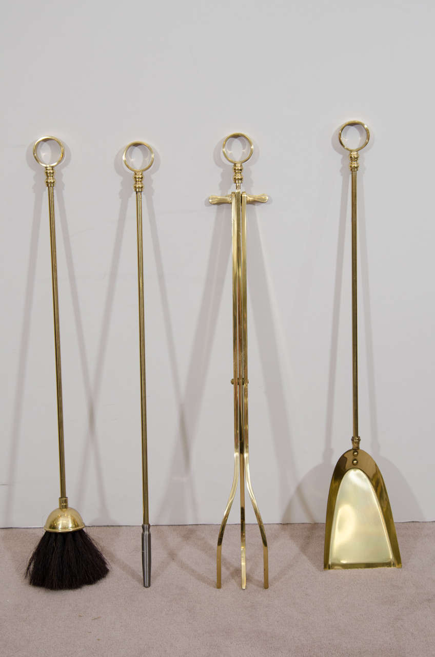 Brass Midcentury Karl Springer Inspired Fire Tool Set with Stand