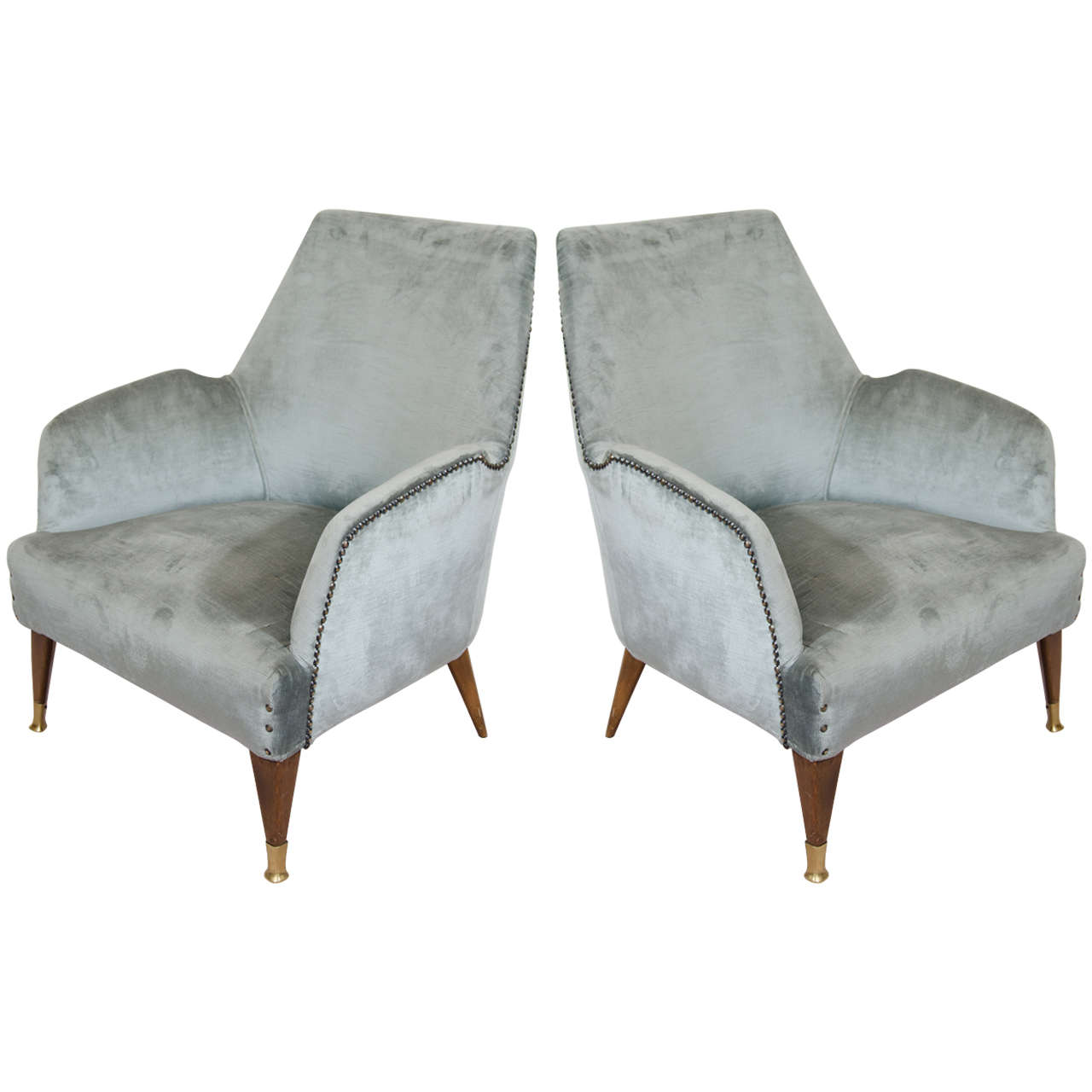 Midcentury Pair of Aqua Armchairs with Nailhead Detail